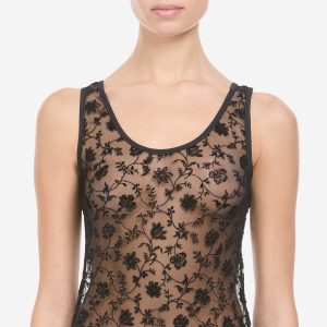 Camiseta mujer Avet 75111 negra transparente con flores de terciopelo
