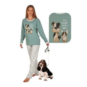 Pijama de mujer Leniss 80035 verde y crudo con estampado de perros