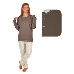 Pijama mujer Leniss 80063 marrón con botones y pantalón beige