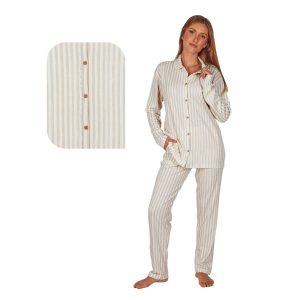 Pijama mujer Leniss 80064 crudo a rayas beige con botones