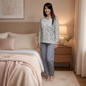 Pijama Cue 39112 gris con flores para mujer