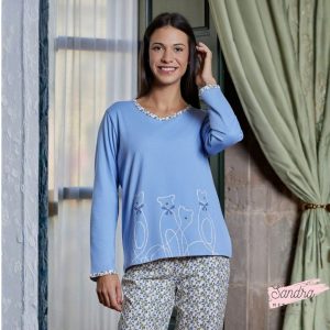 Pijama Cue 39191 azul de algodón con pantalón de flores